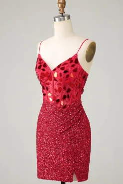 Espartilho vermelho brilhante lantejoulas espelho apertado Homecoming Dress