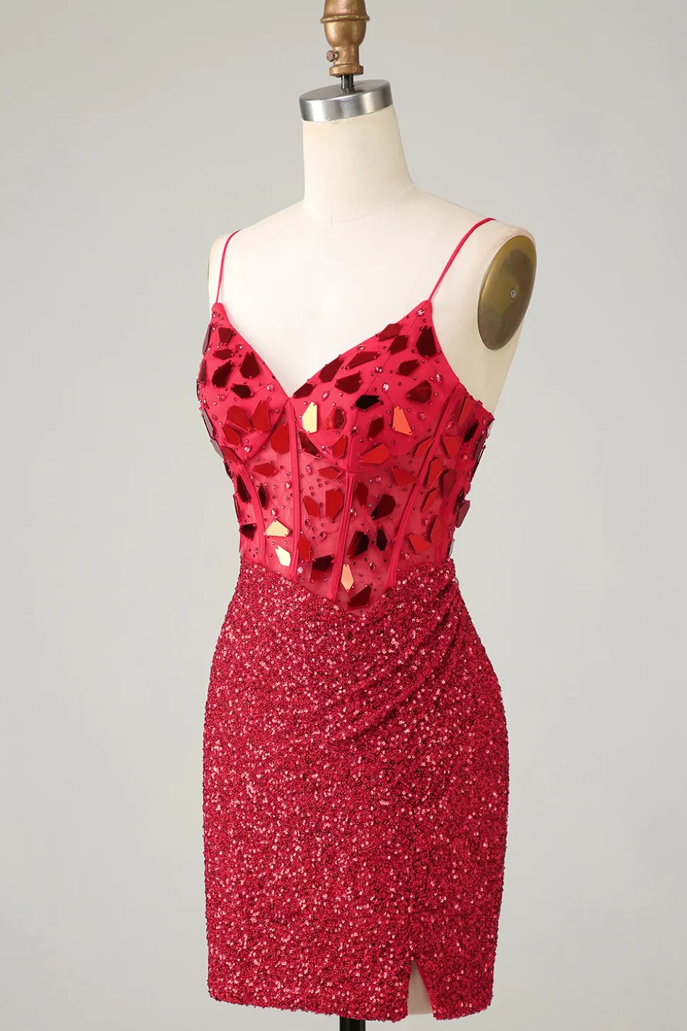 Espartilho vermelho brilhante lantejoulas espelho apertado Homecoming Dress
