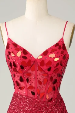 Espartilho vermelho brilhante lantejoulas espelho apertado Homecoming Dress