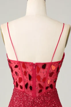 Espartilho vermelho brilhante lantejoulas espelho apertado Homecoming Dress