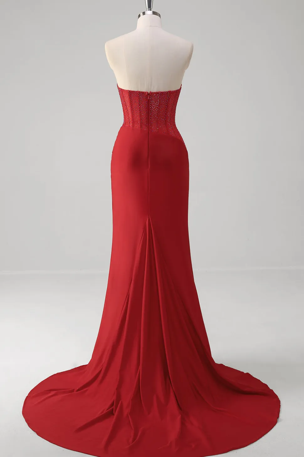 Espartilho vermelho brilhante sereia sem alças longo vestido de baile com fenda