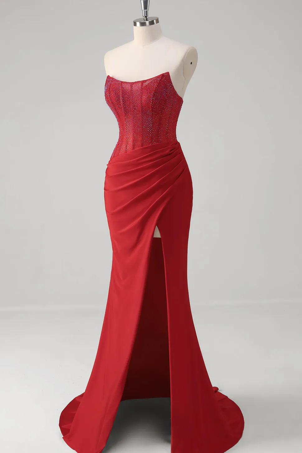 Espartilho vermelho brilhante sereia sem alças longo vestido de baile com fenda