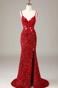 Espelho Glitter Sequins Red Corset Prom Dress com Fenda