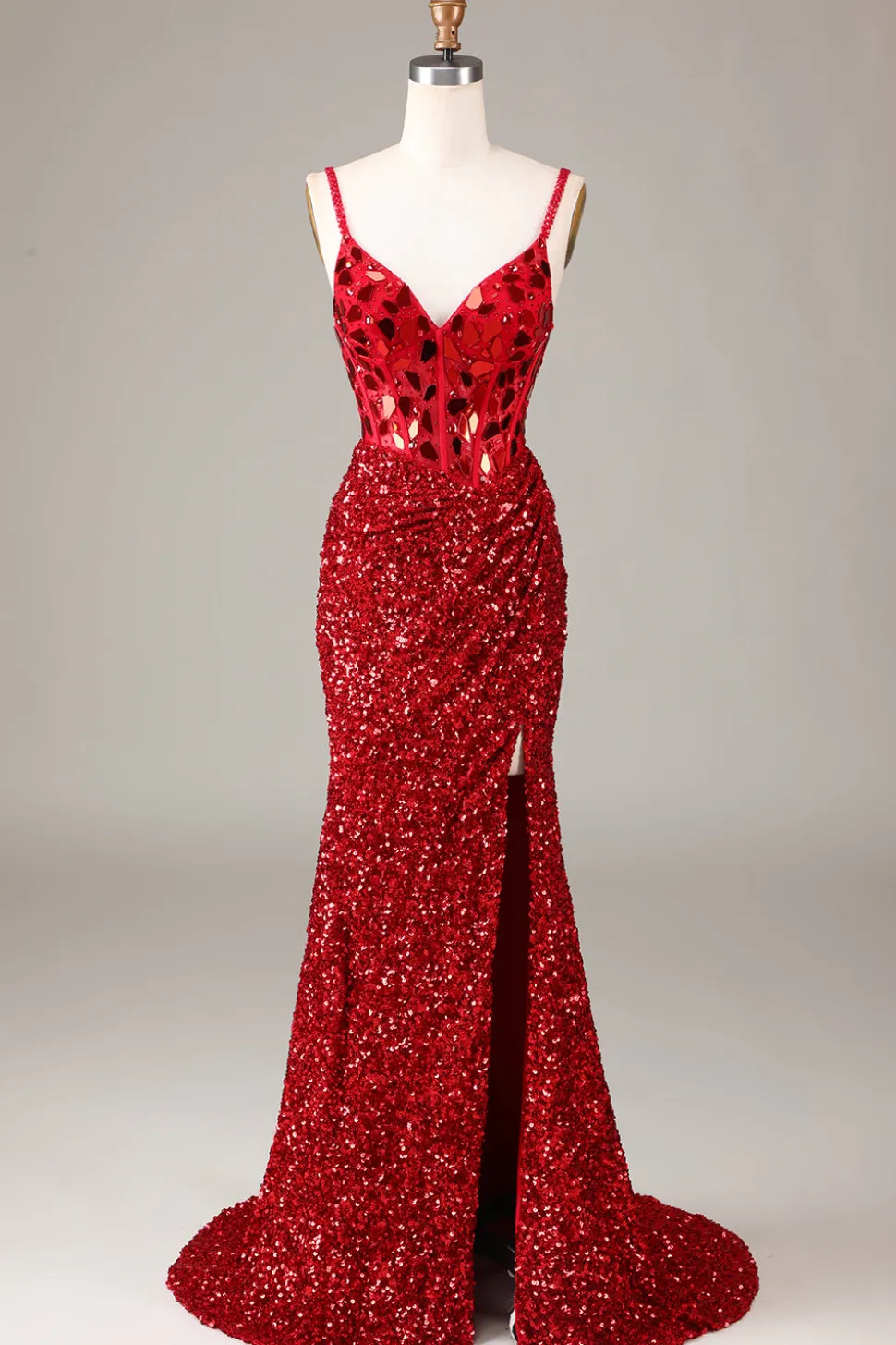 Espelho Glitter Sequins Red Corset Prom Dress com Fenda