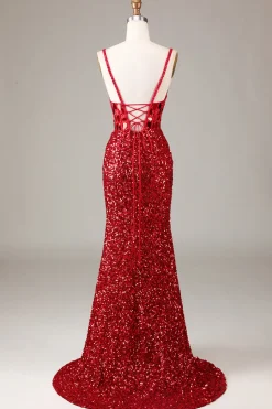 Espelho Glitter Sequins Red Corset Prom Dress com Fenda