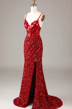 Espelho Glitter Sequins Red Corset Prom Dress com Fenda