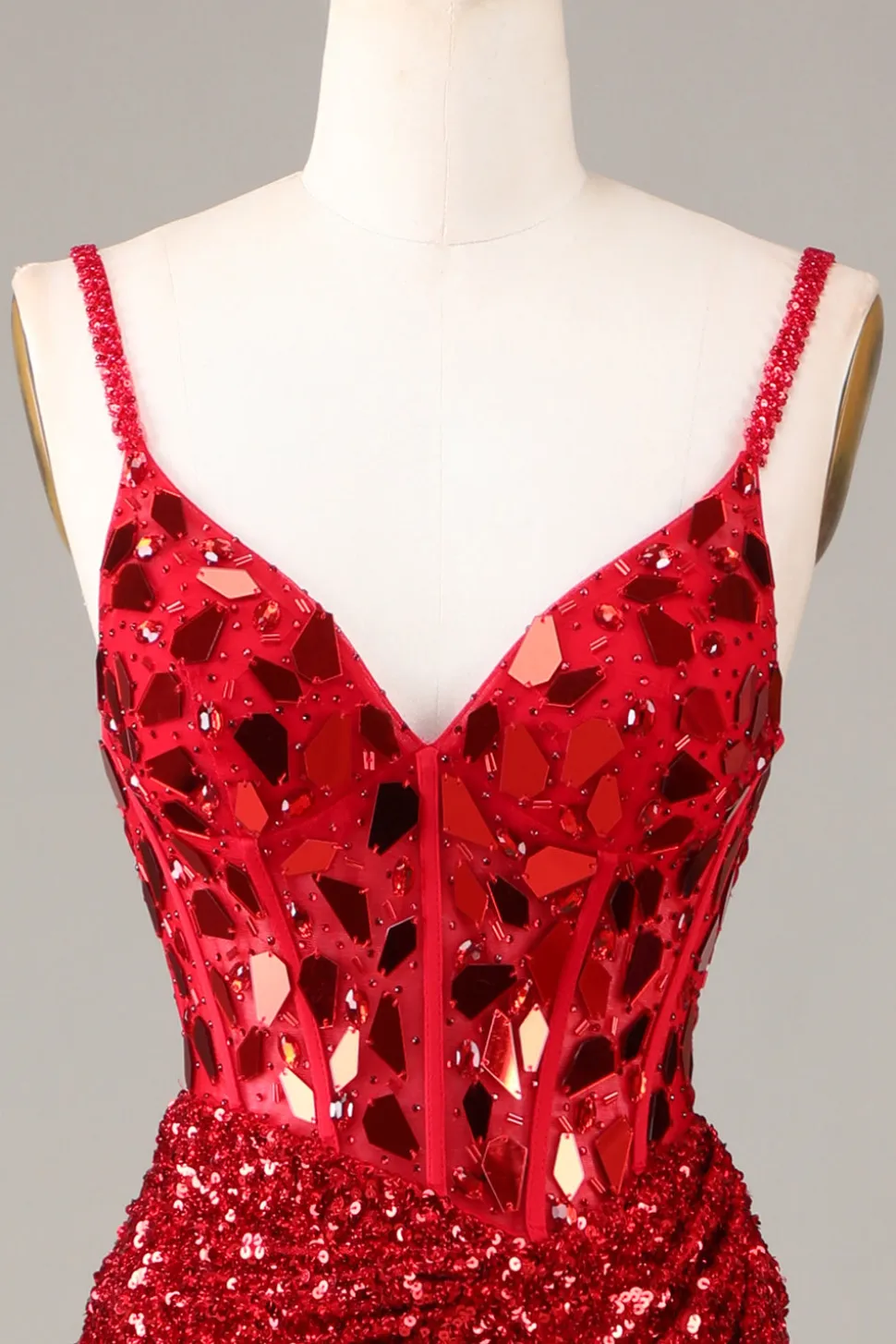 Espelho Glitter Sequins Red Corset Prom Dress com Fenda
