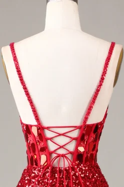 Espelho Glitter Sequins Red Corset Prom Dress com Fenda