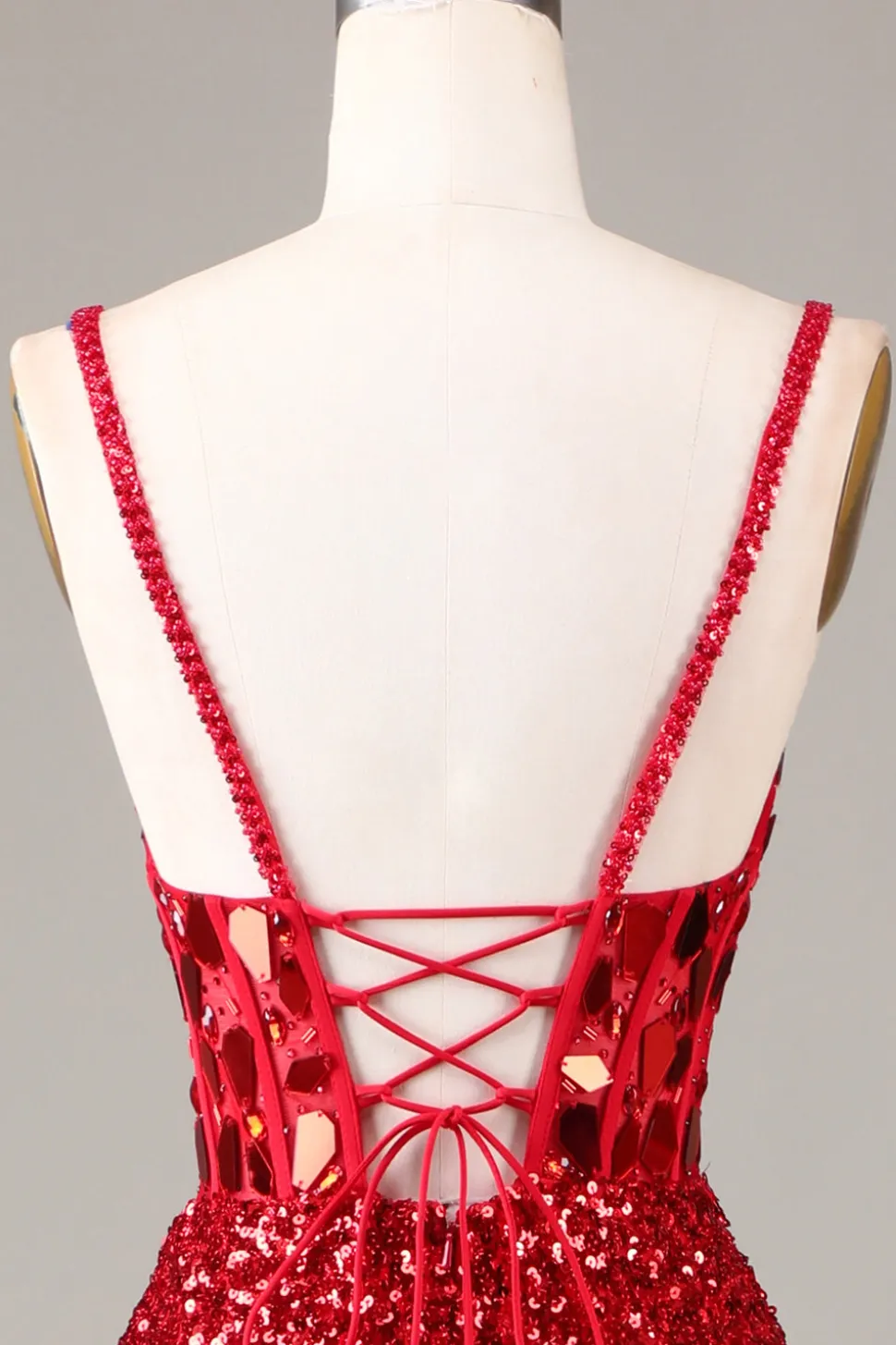 Espelho Glitter Sequins Red Corset Prom Dress com Fenda