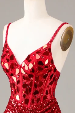 Espelho Glitter Sequins Red Corset Prom Dress com Fenda
