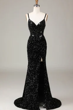 Espelho Glitter Sequins Red Corset Prom Dress com Fenda