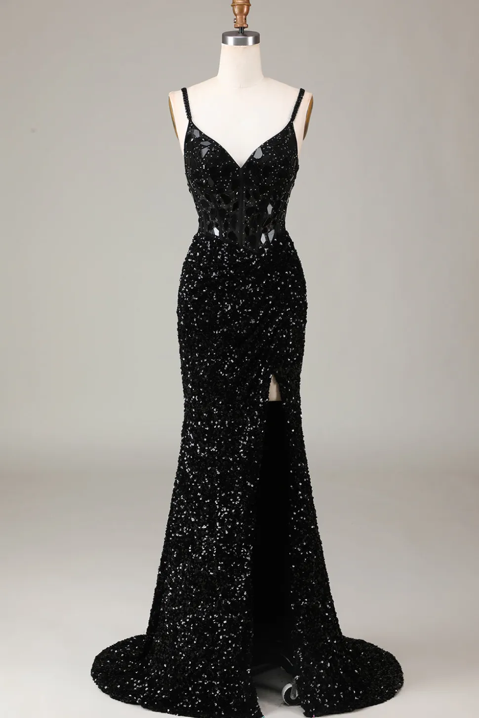 Espelho Glitter Sequins Red Corset Prom Dress com Fenda