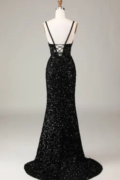 Espelho Glitter Sequins Red Corset Prom Dress com Fenda