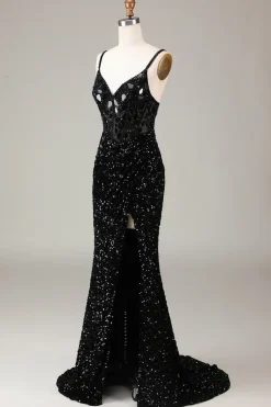 Espelho Glitter Sequins Red Corset Prom Dress com Fenda