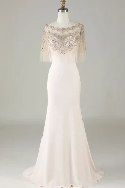 Espumante Champagne Boat Neck Beaded Sereia Vestido Longo Baile de Formatura