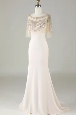 Espumante Champagne Boat Neck Beaded Sereia Vestido Longo Baile de Formatura