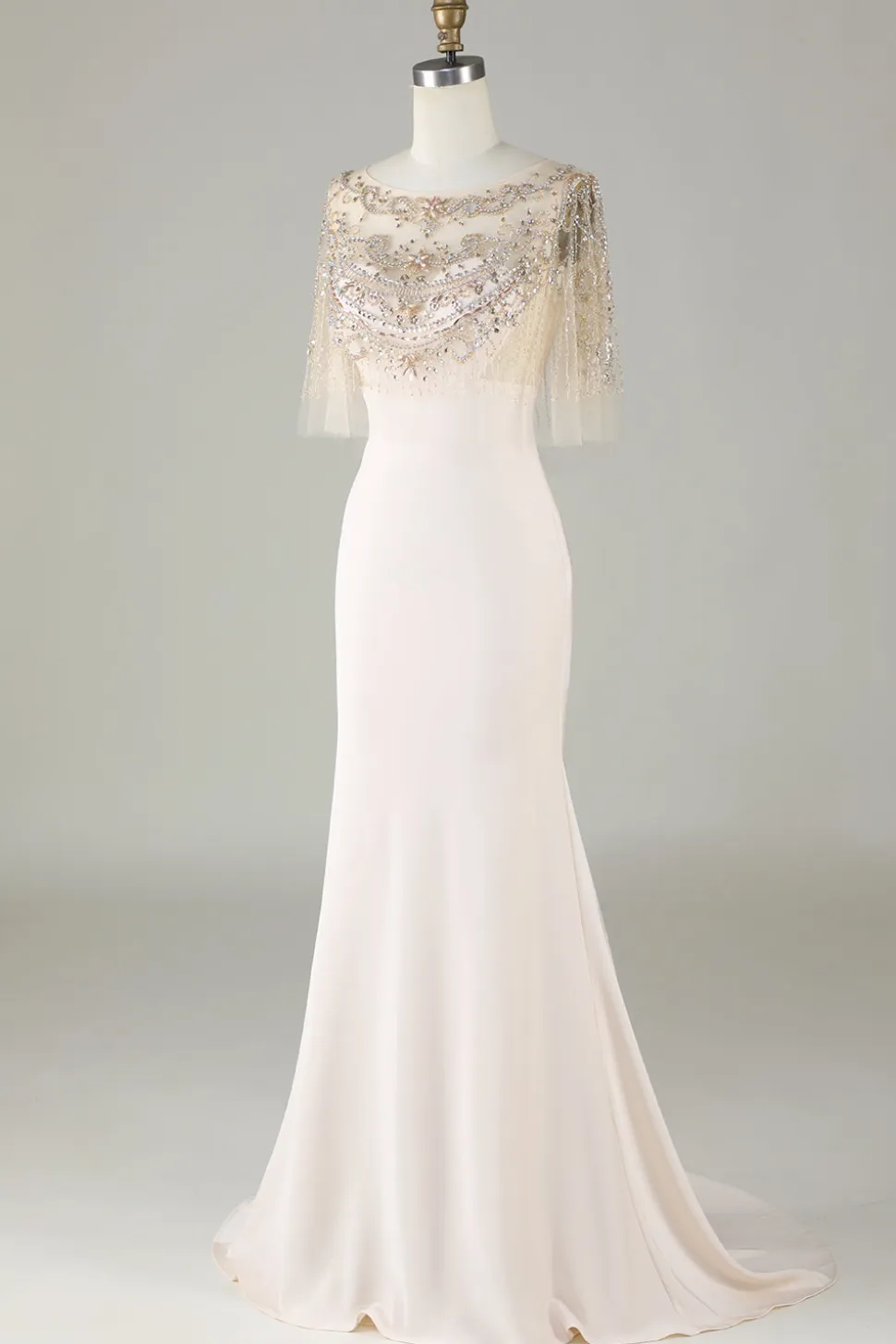 Espumante Champagne Boat Neck Beaded Sereia Vestido Longo Baile de Formatura