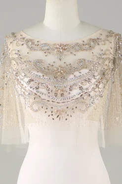 Espumante Champagne Boat Neck Beaded Sereia Vestido Longo Baile de Formatura