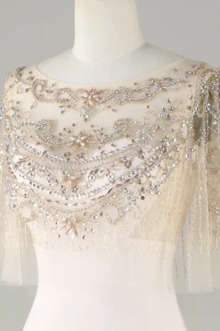 Espumante Champagne Boat Neck Beaded Sereia Vestido Longo Baile de Formatura