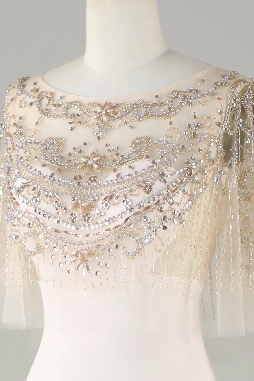 Espumante Champagne Boat Neck Beaded Sereia Vestido Longo Baile de Formatura