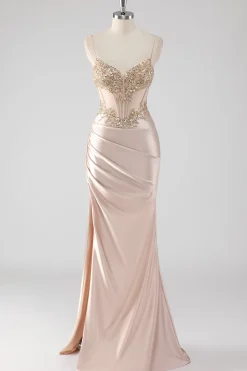 Espumante Champagne Corset Appliques Vestido de Baile com Fenda
