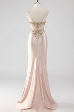 Espumante Champagne Corset Appliques Vestido de Baile com Fenda