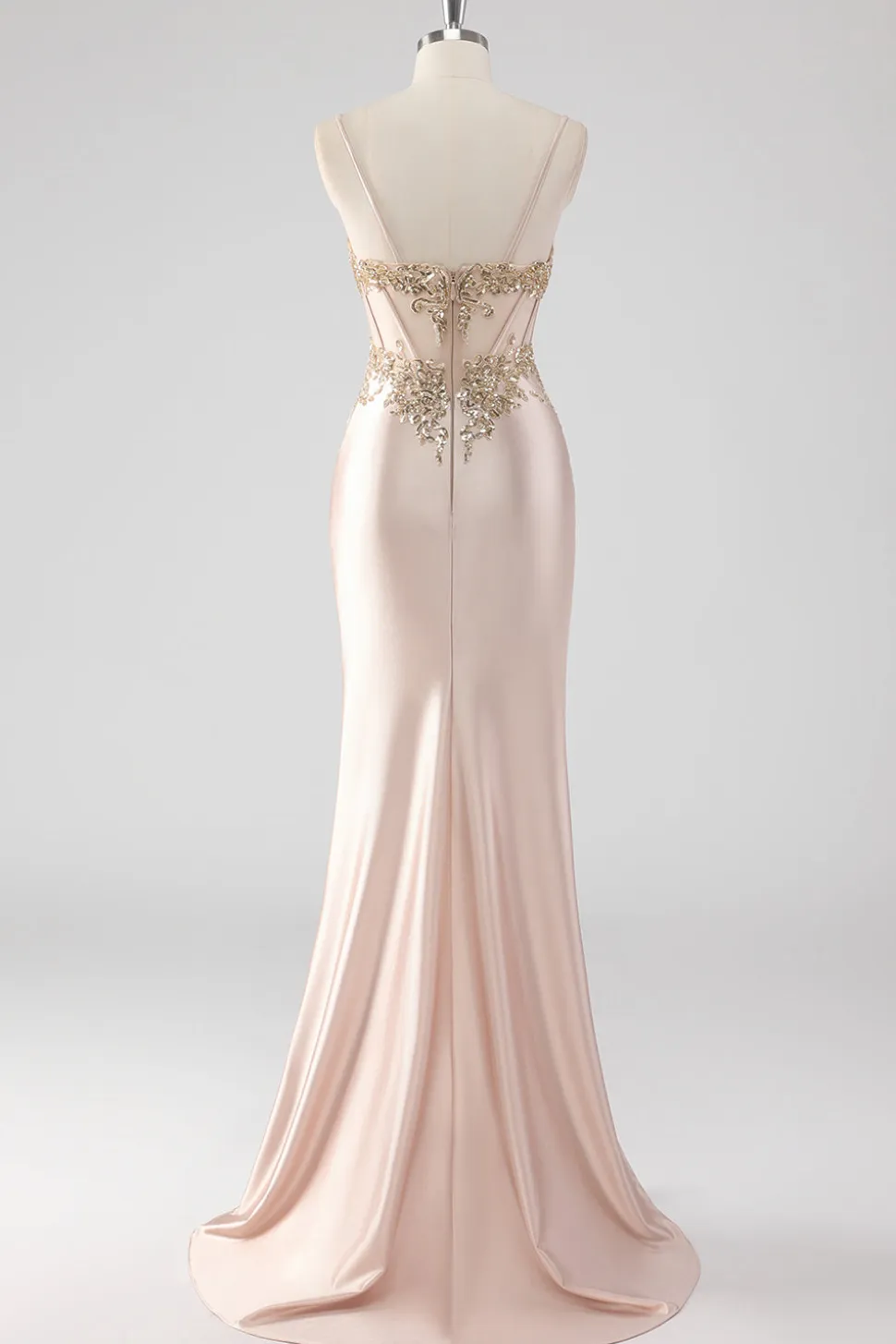 Espumante Champagne Corset Appliques Vestido de Baile com Fenda