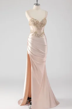 Espumante Champagne Corset Appliques Vestido de Baile com Fenda