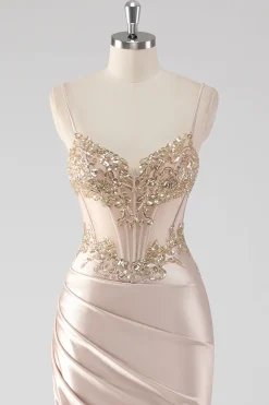 Espumante Champagne Corset Appliques Vestido de Baile com Fenda