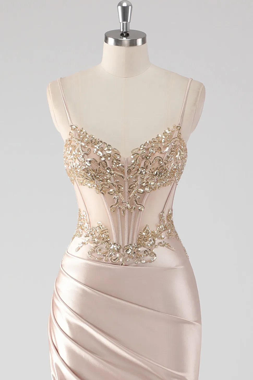 Espumante Champagne Corset Appliques Vestido de Baile com Fenda