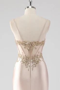 Espumante Champagne Corset Appliques Vestido de Baile com Fenda