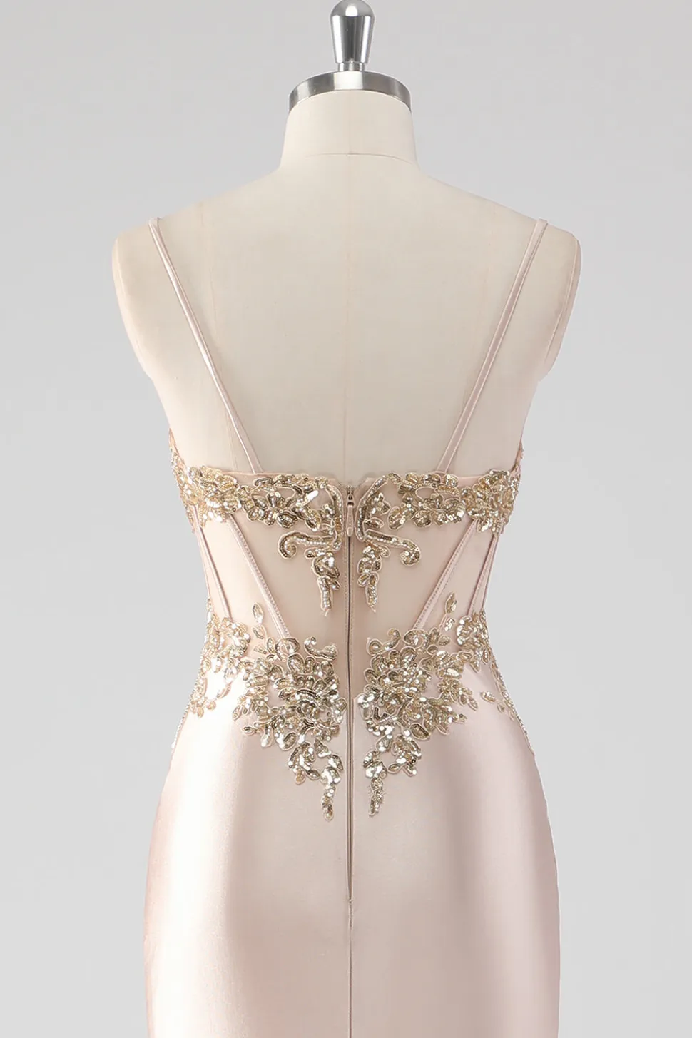 Espumante Champagne Corset Appliques Vestido de Baile com Fenda