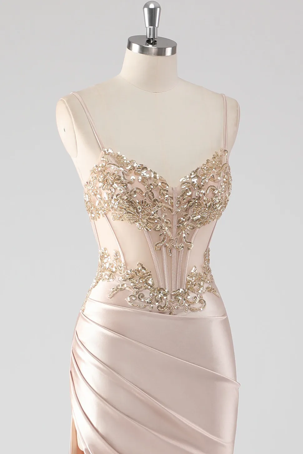 Espumante Champagne Corset Appliques Vestido de Baile com Fenda