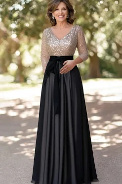 Espumante Champagne Preto A-Line Sequined Top Mangas Longas V Pescoço Longo Mãe do Vestido da Noiva