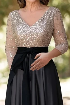 Espumante Champagne Preto A-Line Sequined Top Mangas Longas V Pescoço Longo Mãe do Vestido da Noiva