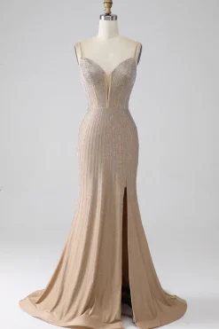 Espumante Champagne Sereia Esparguete Correias Longo Vestido de Baile com Fenda