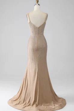 Espumante Champagne Sereia Esparguete Correias Longo Vestido de Baile com Fenda