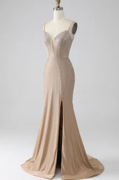 Espumante Champagne Sereia Esparguete Correias Longo Vestido de Baile com Fenda