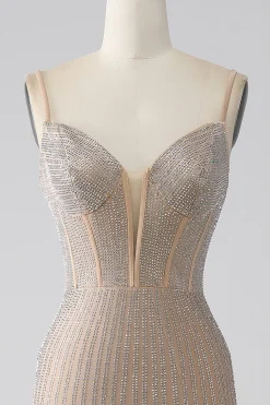 Espumante Champagne Sereia Esparguete Correias Longo Vestido de Baile com Fenda