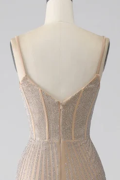 Espumante Champagne Sereia Esparguete Correias Longo Vestido de Baile com Fenda