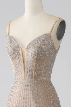 Espumante Champagne Sereia Esparguete Correias Longo Vestido de Baile com Fenda