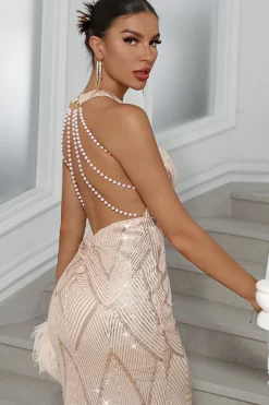 Espumante Champagne Sereia Halter Sequined Long Party Dress