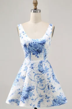 Estampado branco azul flor uma linha Homecoming Dress