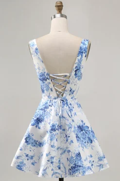 Estampado branco azul flor uma linha Homecoming Dress