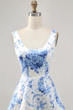Estampado branco azul flor uma linha Homecoming Dress