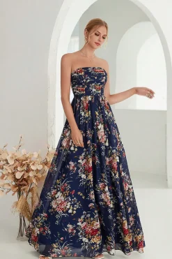 Estampado Floral Marinha Strapless Uma Linha Long Formal Dress