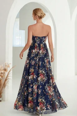 Estampado Floral Marinha Strapless Uma Linha Long Formal Dress
