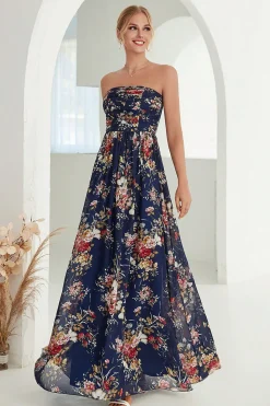 Estampado Floral Marinha Strapless Uma Linha Long Formal Dress