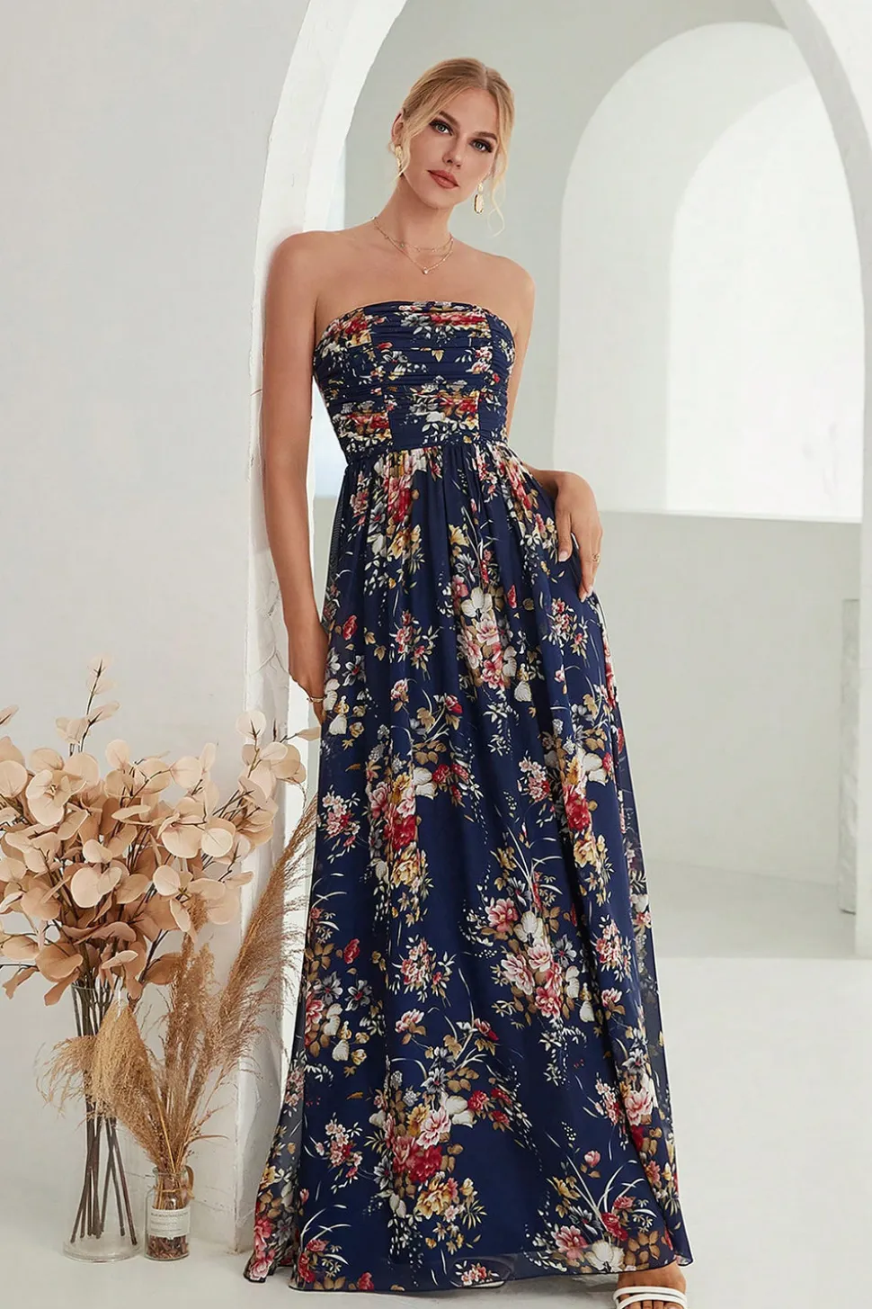 Estampado Floral Marinha Strapless Uma Linha Long Formal Dress