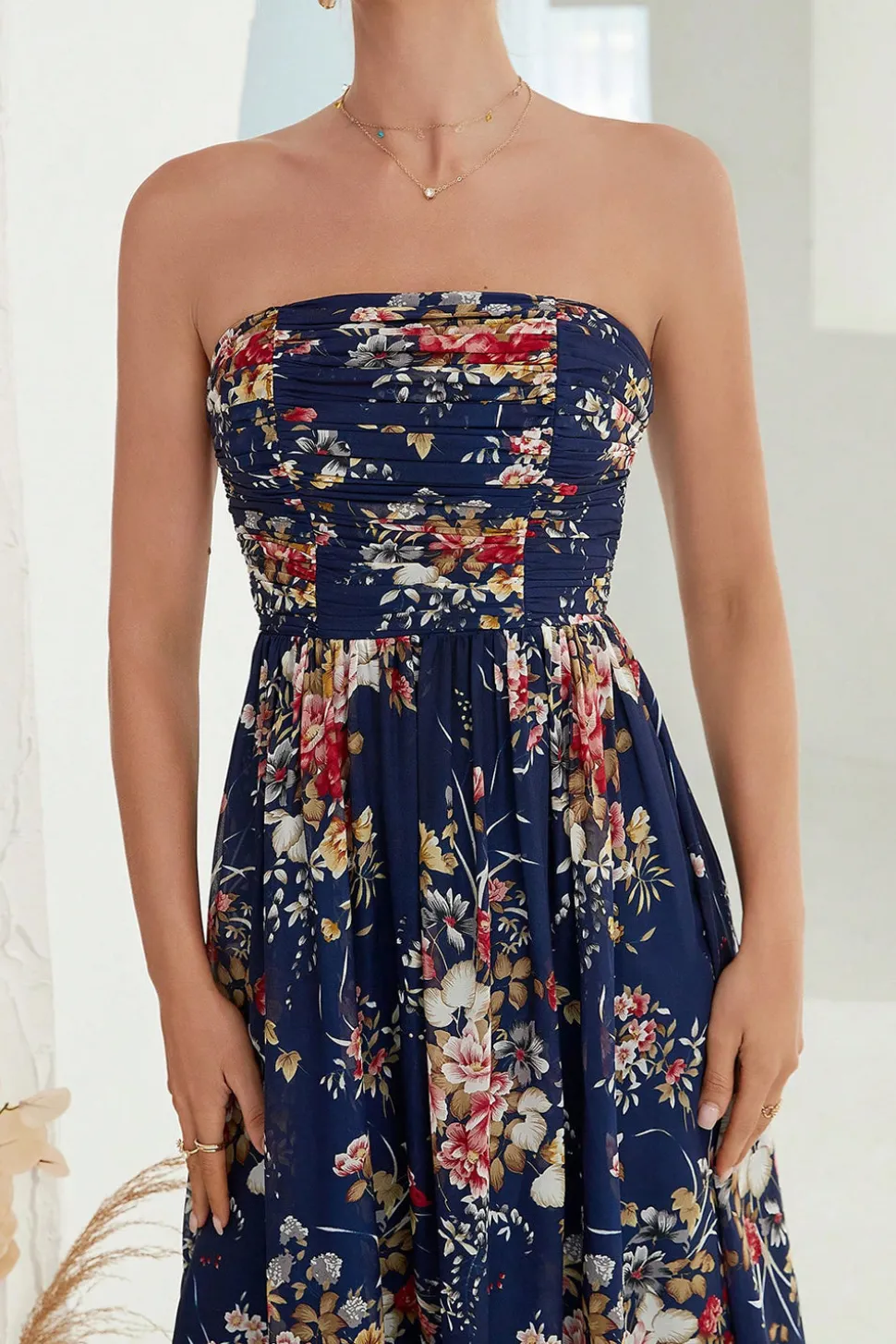 Estampado Floral Marinha Strapless Uma Linha Long Formal Dress